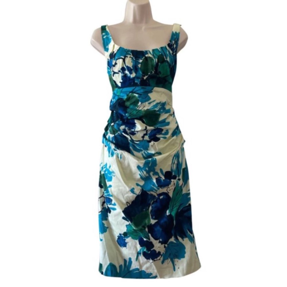 Size 10: EUC Suzi Chin Blue Flora Cream Dress